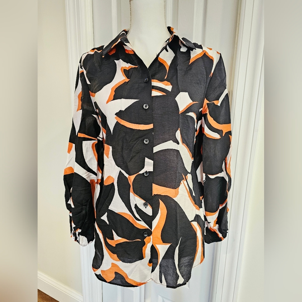 Chico's Black and Orange Patterned Blouse